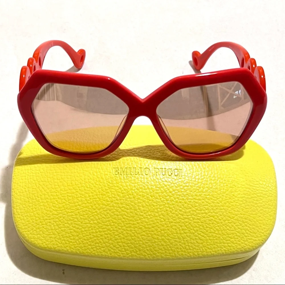 Authentic Emilio Pucci 59mm Geometric Sunglasses Shiny Orange/Mirror Lens - Picture 1 of 17